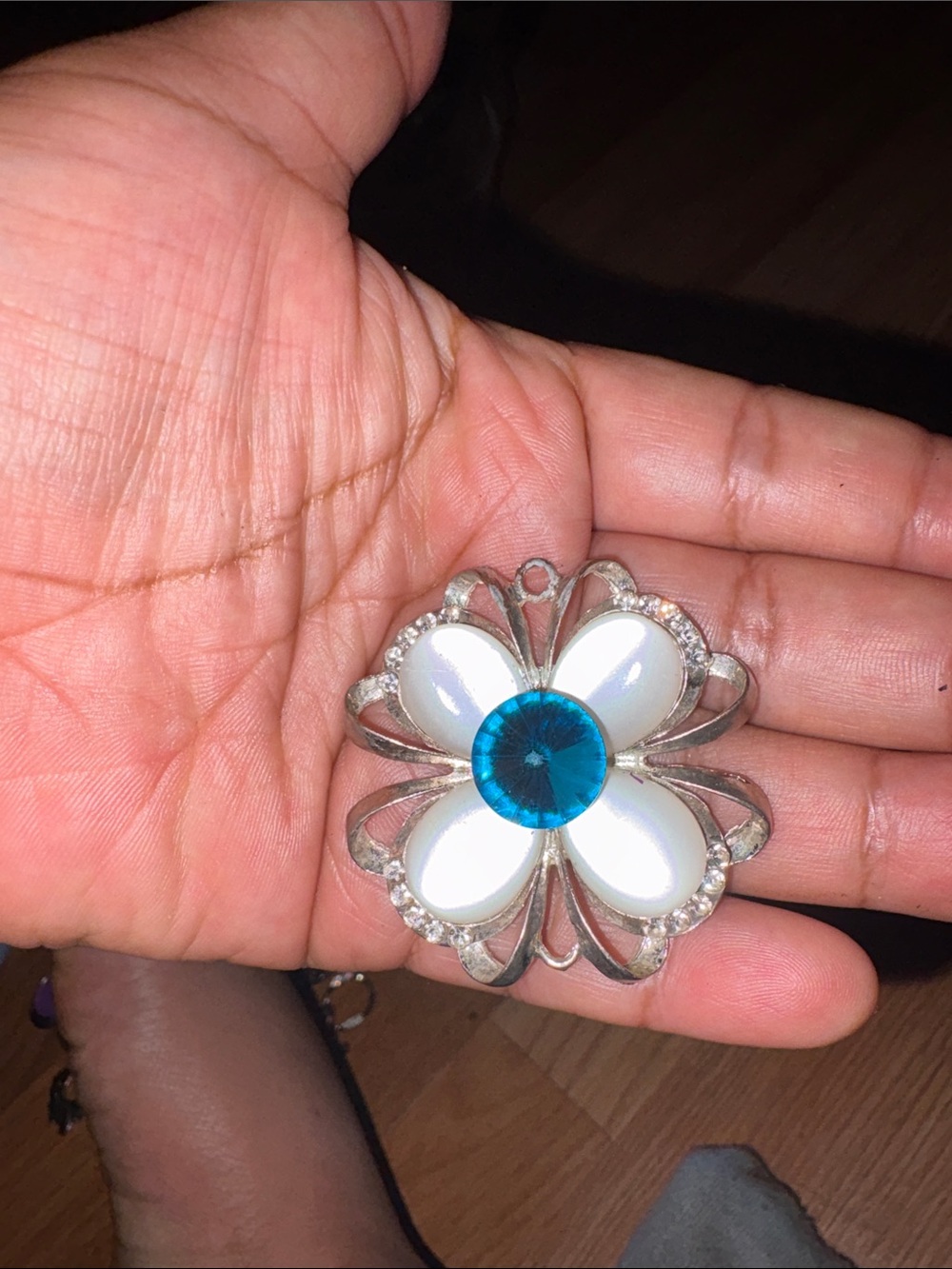 Silver Floral Pendant with White Petals and Blue Center